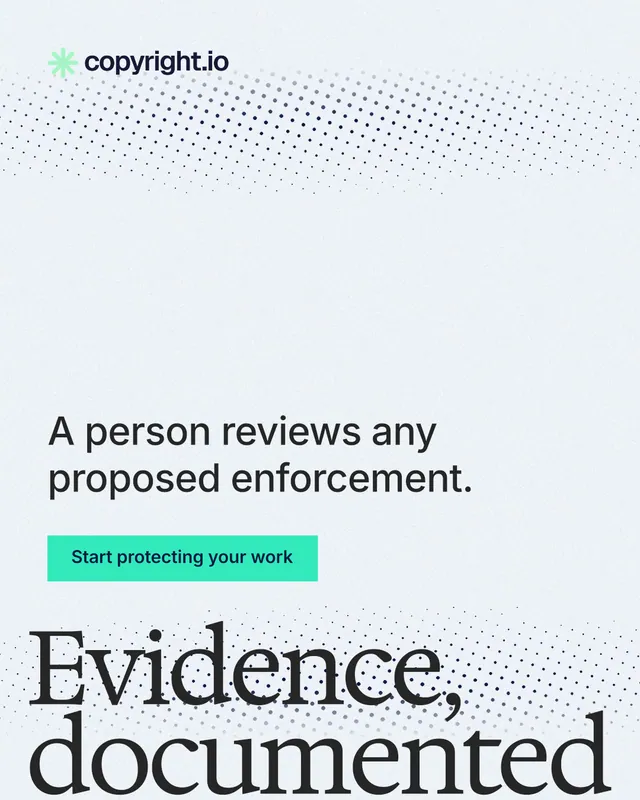 Instagram portrait post for copyright.io: "Evidence, documented." Swiss style, oversized layout, light palette in white, grey.