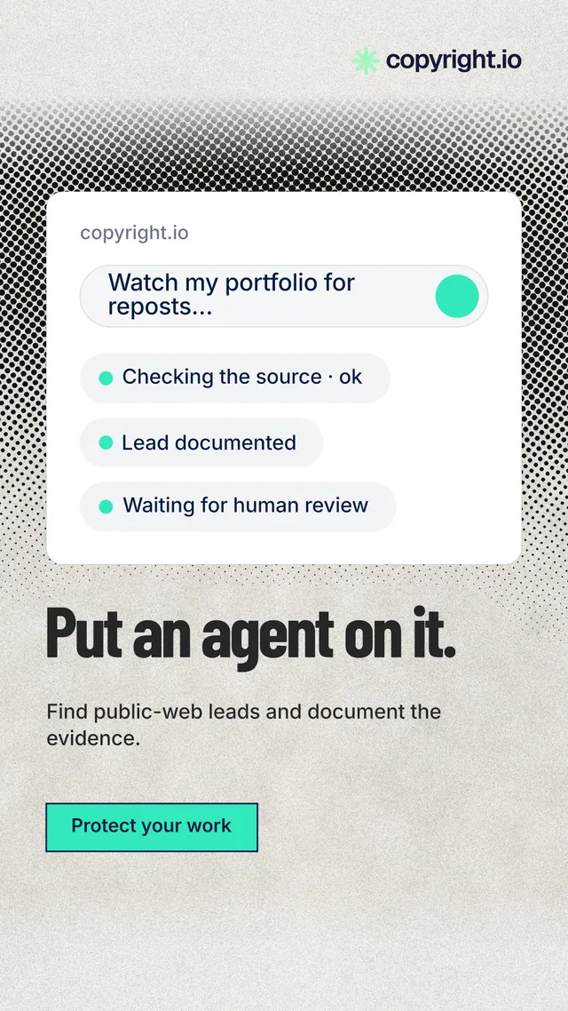 Instagram story for copyright.io: "Put an agent on it." Ink sticker style, bottom layout, light palette in white, grey.