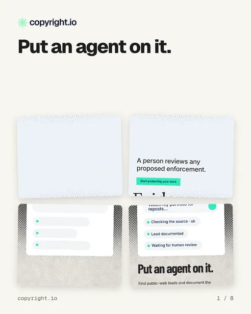 Carousel for copyright.io: "Put an agent on it.". Collection carousel, 8 slides, light palette.