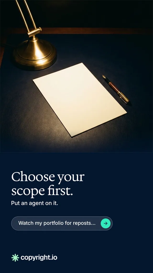 Instagram story for copyright.io: "Choose your scope first." Agentic glass style, bottom layout, dark palette in black, grey.