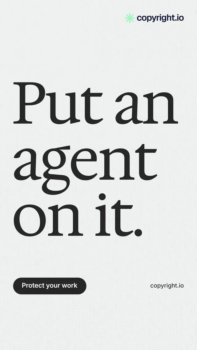 Instagram story for copyright.io: "Put an agent on it." Data card style, poster layout, light palette in white, grey.