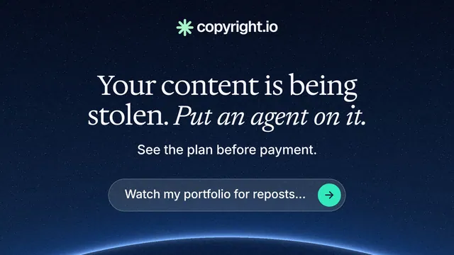 Landscape graphic for copyright.io: "Your content is being stolen. Put an agent on it." Agentic glass style, centred layout, dark palette in blue, black.