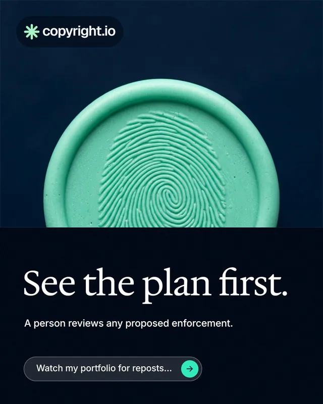 Instagram portrait post for copyright.io: "See the plan first." Agentic glass style, bottom layout, dark palette in black, teal, blue.