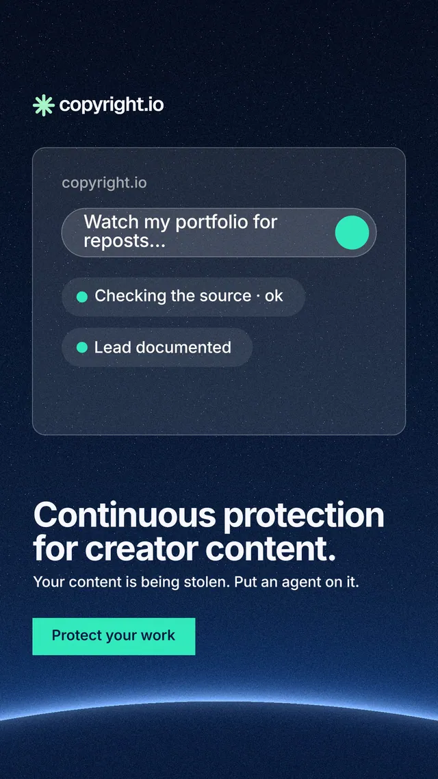 Instagram story for copyright.io: "Continuous protection for creator content." Swiss style, bottom layout, dark palette in blue, black.