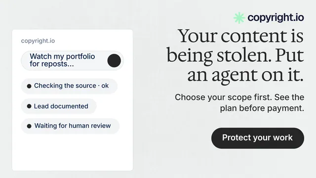 Landscape graphic for copyright.io: "Your content is being stolen. Put an agent on it." Data card style, right layout, light palette in white, grey.