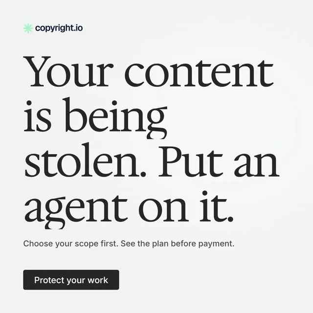 Video for copyright.io: "Your content is being stolen. Put an agent on it.". Doc motion loop, 8.0 s, light palette.