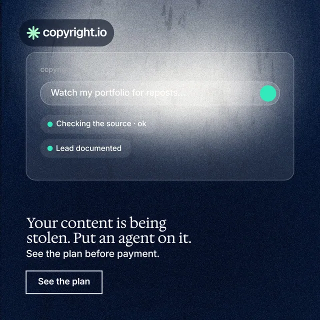 Instagram post for copyright.io: "Your content is being stolen. Put an agent on it." Cyanotype style, bottom layout, dark palette in grey, blue, black.
