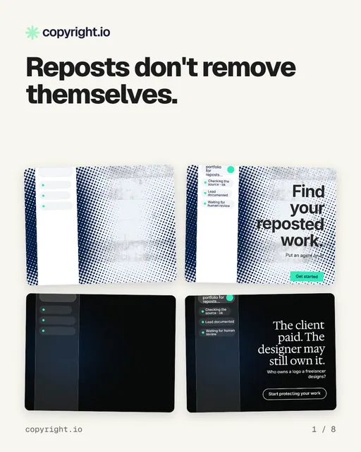 Carousel for copyright.io: "Reposts don't remove themselves.". Collection carousel, 8 slides, light palette.