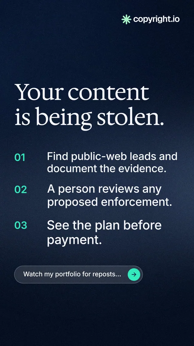 Instagram story for copyright.io: "Your content is being stolen." Agentic glass style, numbered layout, dark palette in black, blue, grey.