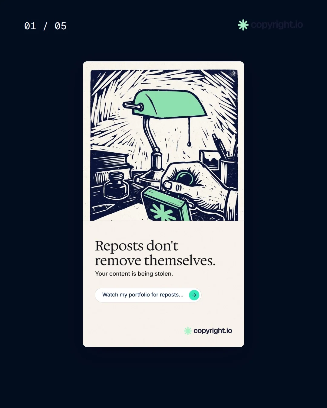 Video for copyright.io. Ad flipbook, 7.5 s, dark palette.