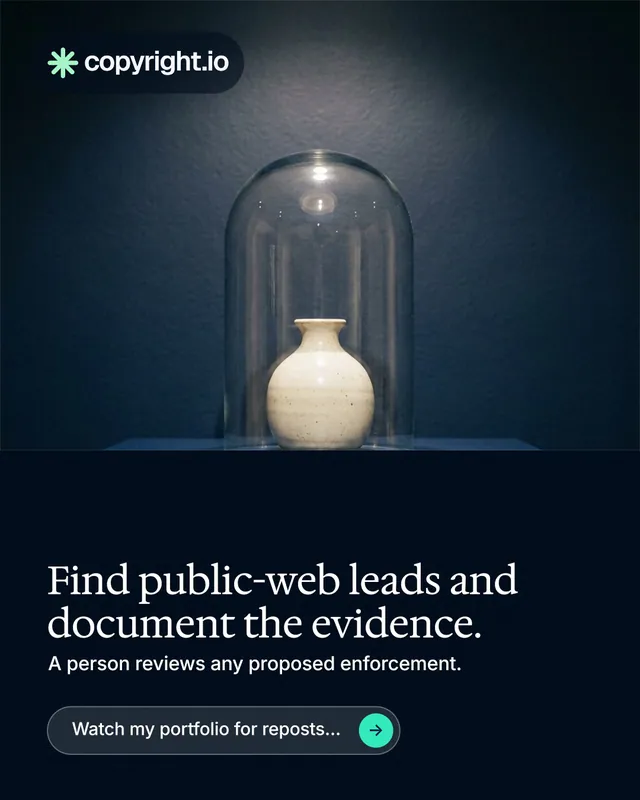 Instagram portrait post for copyright.io: "Find public-web leads and document the evidence." Agentic glass style, bottom layout, dark palette in blue, black, grey.