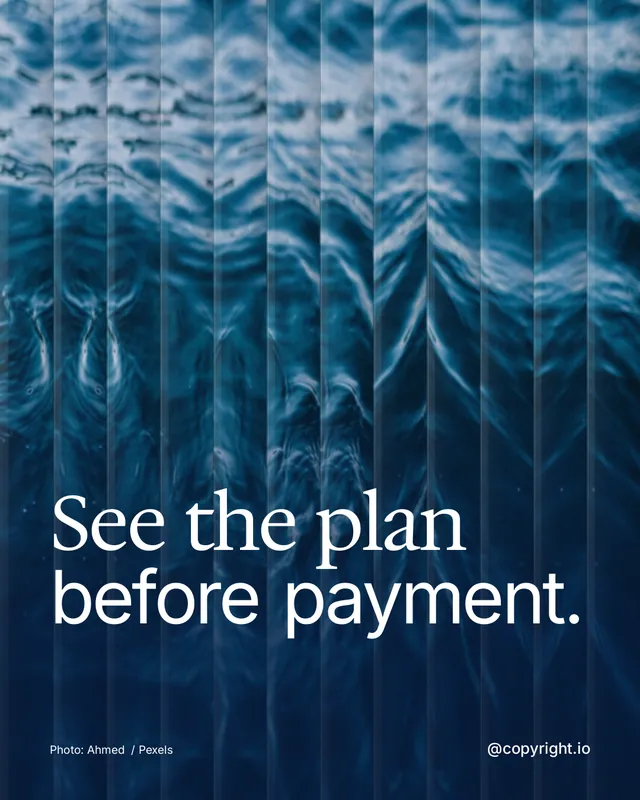 Instagram portrait post for copyright.io: "See the plan before payment." Photo style, technique:fluted glass layout, dark palette in blue.
