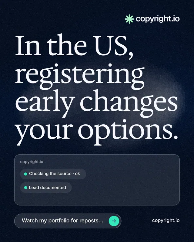 Instagram portrait post for copyright.io: "In the US, registering early changes your options." Thermal style, poster layout, dark palette in blue, black, grey.
