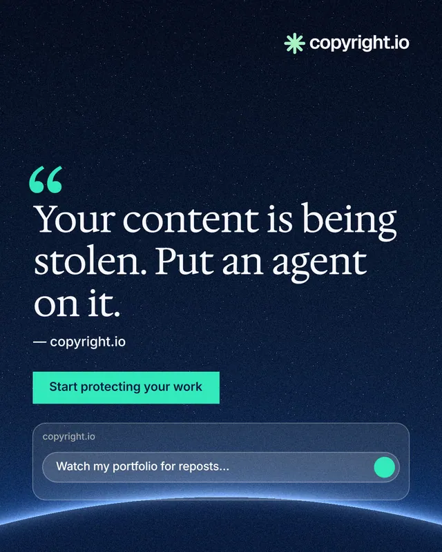 Instagram portrait post for copyright.io: "Your content is being stolen. Put an agent on it." Swiss style, quote layout, dark palette in blue, black.