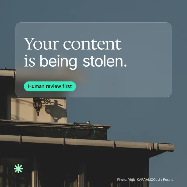 Instagram post for copyright.io: "Your content is being stolen." Glass style, technique:pexels ingredient layout, dark palette in grey, black.