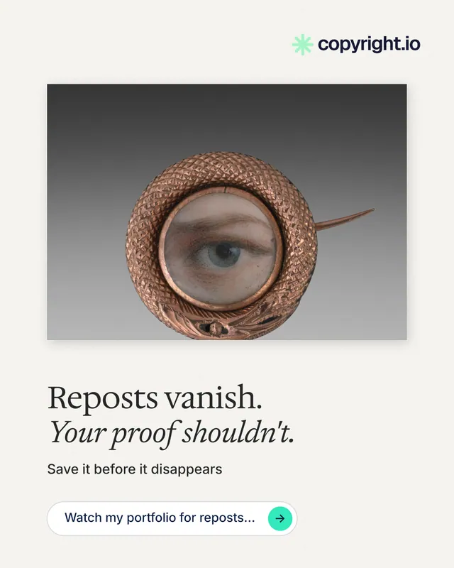 Instagram portrait post for copyright.io: "Reposts vanish. Your proof shouldn't." Agentic glass style, bottom layout, light palette in white, grey.