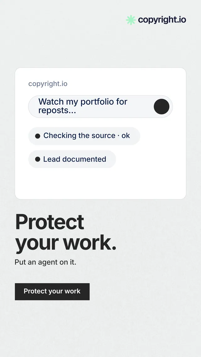 Instagram story for copyright.io: "Protect your work." Swiss style, bottom layout, light palette in white, grey.