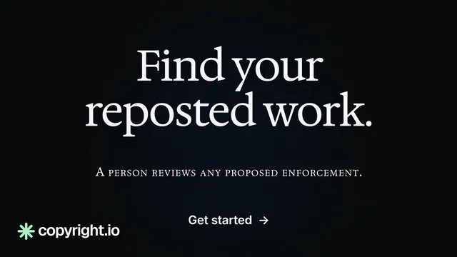 Landscape graphic for copyright.io: "Find your reposted work." Phosphor atlas style, smallcaps layout, dark palette in black.