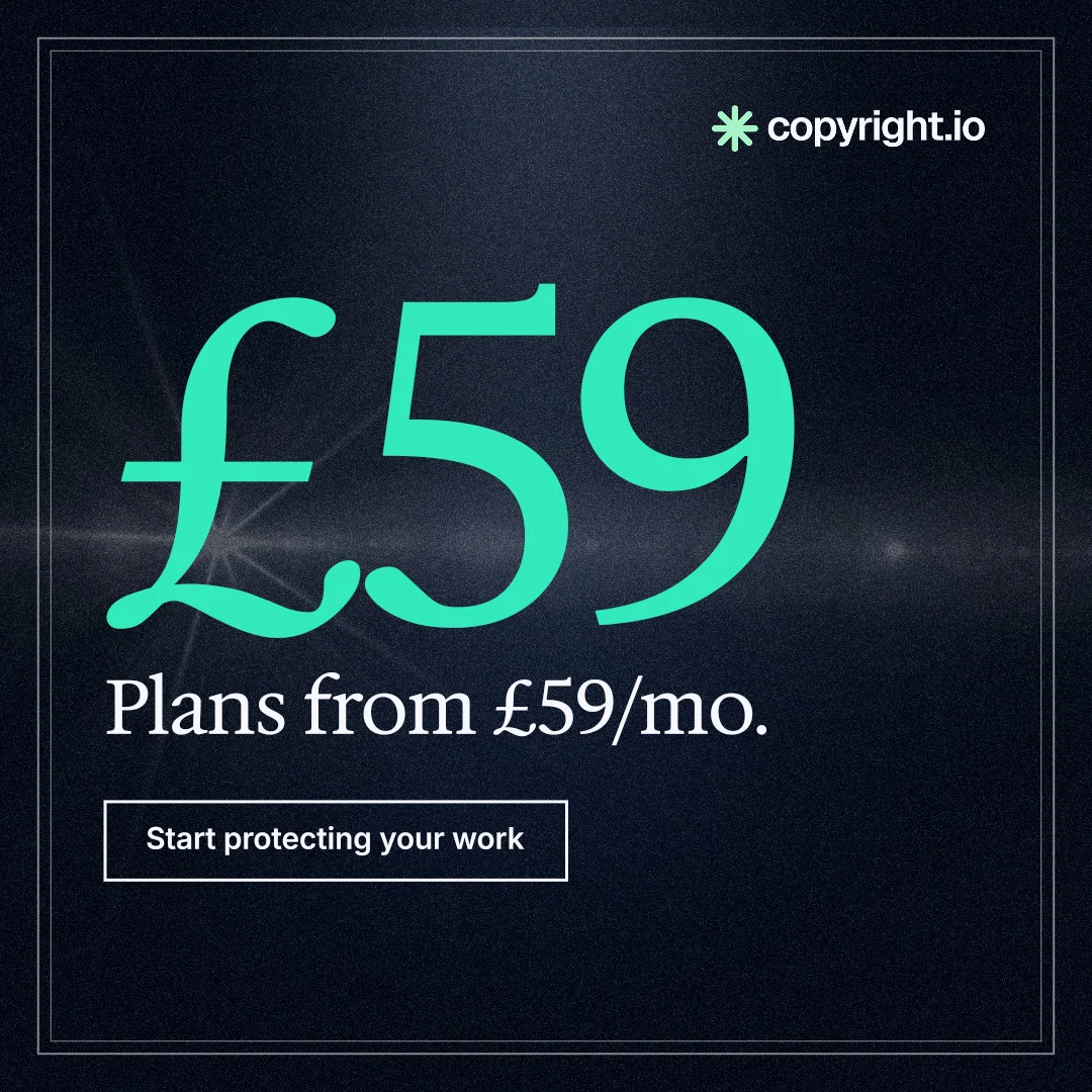 Instagram post for copyright.io: "Choose your scope first. See the plan before payment." Dark deco style, stat layout, dark palette in blue, black, teal.