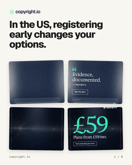 Carousel for copyright.io: "In the US, registering early changes your options.". Collection carousel, 8 slides, light palette.