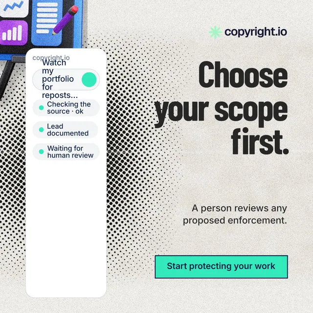 Instagram post for copyright.io: "Choose your scope first." Ink sticker style, right layout, light palette in white, grey.