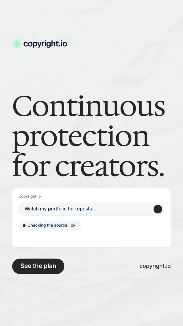 Instagram story for copyright.io: "Continuous protection for creators." Data card style, poster layout, light palette in white, grey.