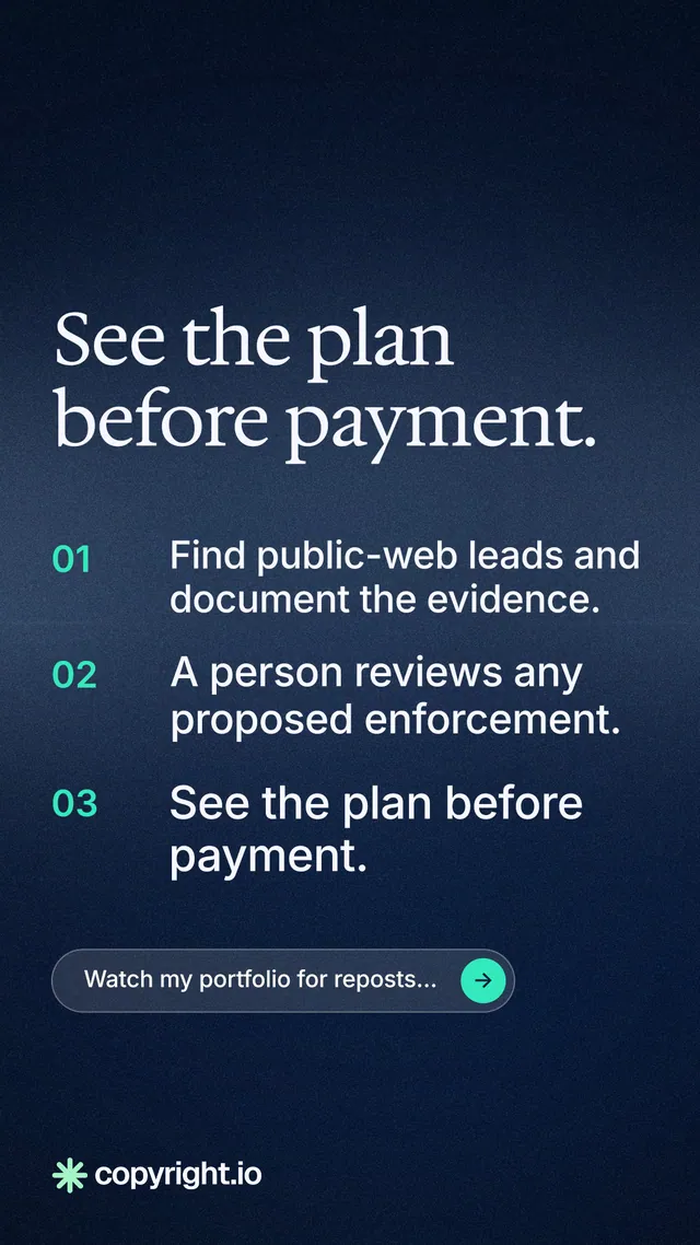 Instagram story for copyright.io: "See the plan before payment." Agentic glass style, numbered layout, dark palette in blue, black.