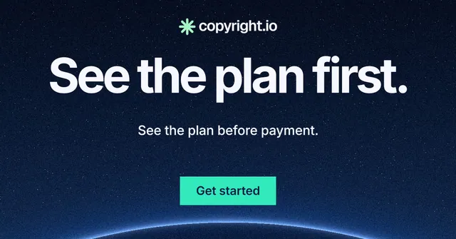 Social ad for copyright.io: "See the plan first." Swiss style, centred layout, dark palette in blue, black.