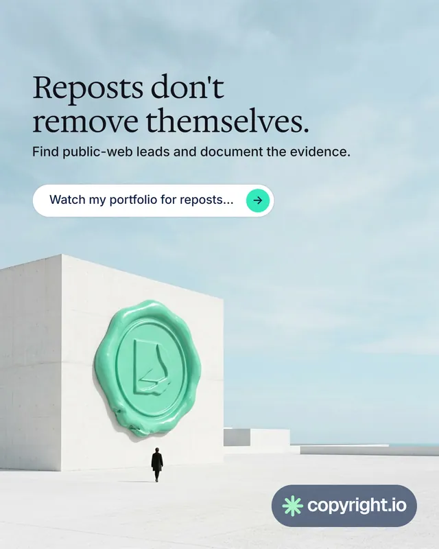 Instagram portrait post for copyright.io: "Reposts don't remove themselves." Agentic glass style, bottom layout, light palette in teal, white, grey.