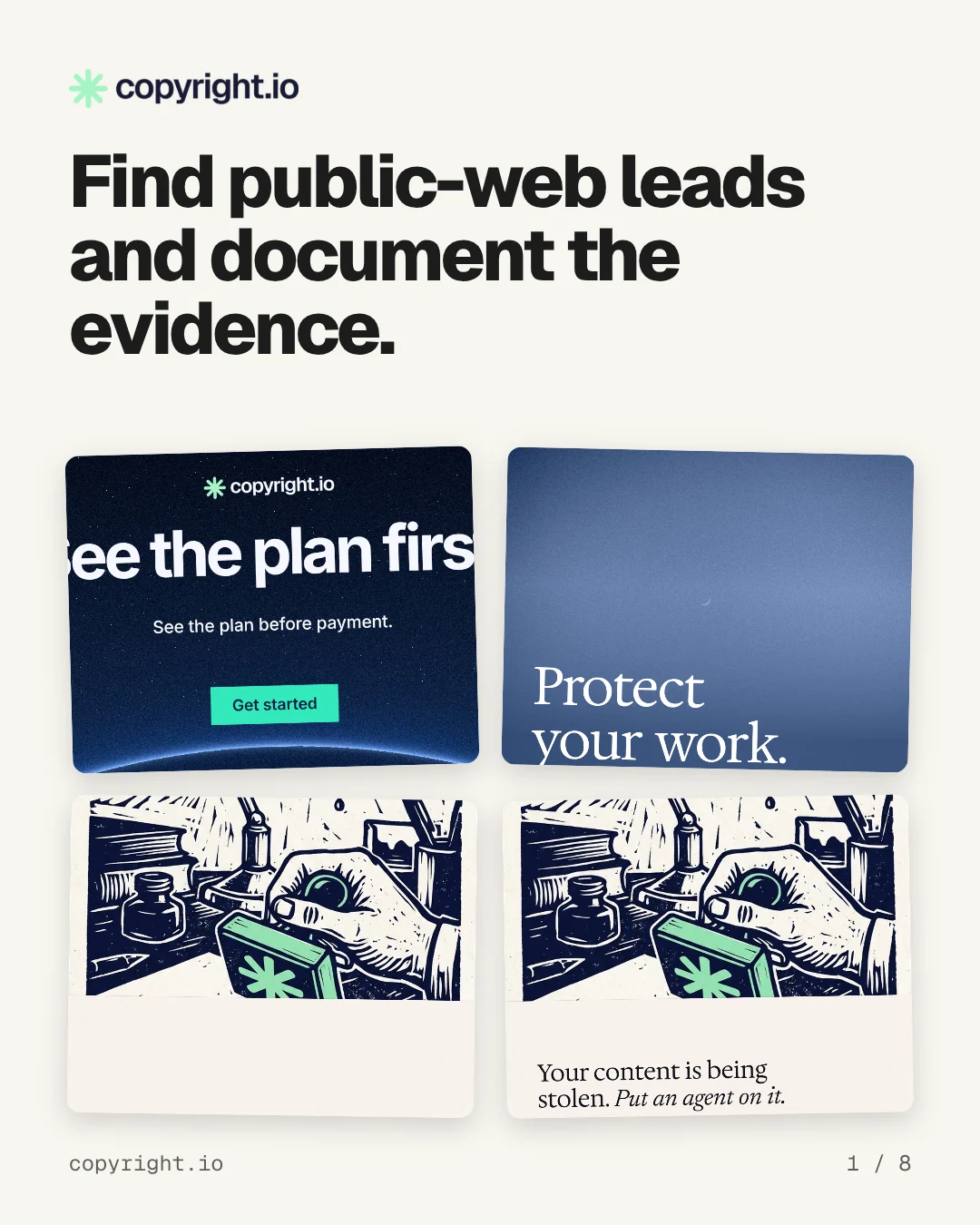 Carousel for copyright.io: "Find public-web leads and document the evidence.". Collection carousel, 8 slides, light palette.
