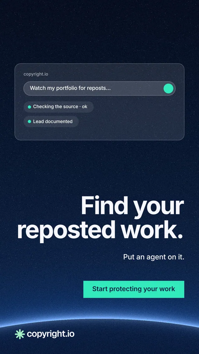 Instagram story for copyright.io: "Find your reposted work." Swiss style, right layout, dark palette in blue, black.