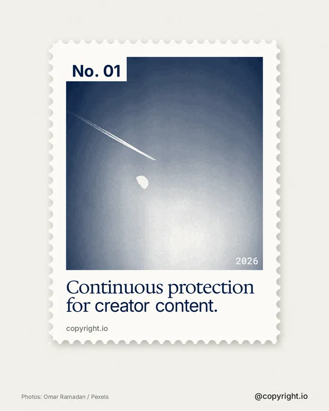 Instagram portrait post for copyright.io: "Continuous protection for creator content." Single style, technique:stamp series layout, light palette in white, grey.
