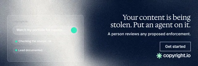 X header for copyright.io: "Your content is being stolen. Put an agent on it." Cyanotype style, right layout, dark palette in white, black, grey.