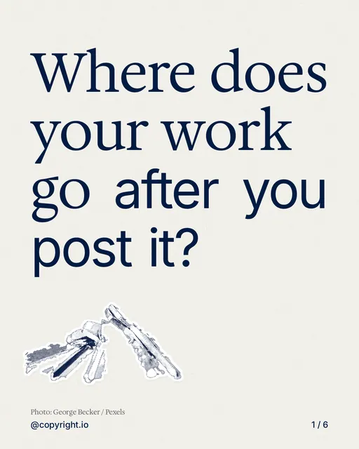 Carousel for copyright.io: "Where does your work go after you post it?". Cutout essay, 6 slides, light palette.