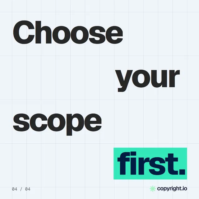 Video for copyright.io: "Choose your scope first.". Kinetic type grid, 6.0 s, light palette.