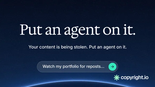 Landscape graphic for copyright.io: "Put an agent on it." Agentic glass style, centred layout, dark palette in black, blue.