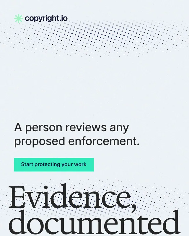 Instagram portrait post for copyright.io: "Evidence, documented." Swiss style, oversized layout, light palette in white, grey.