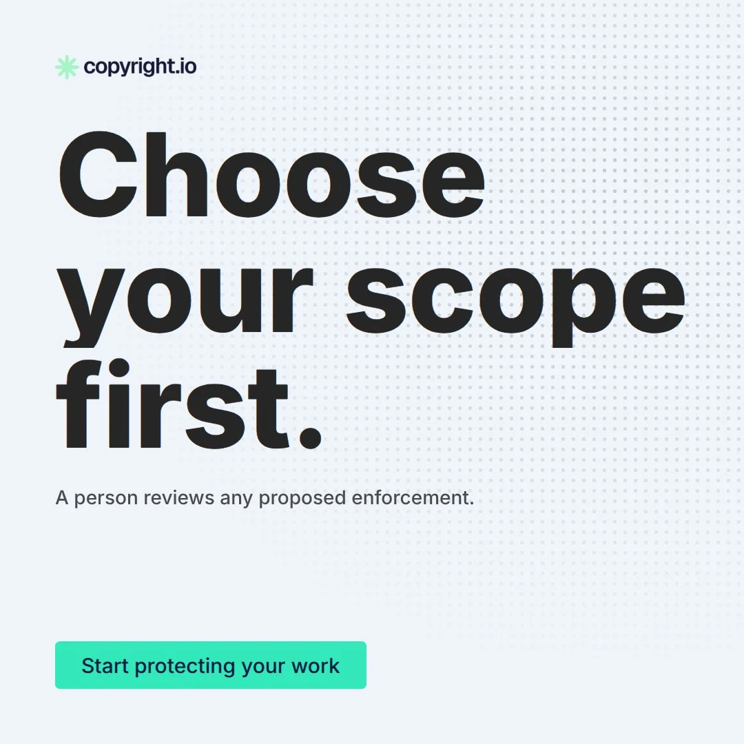 Video for copyright.io: "Choose your scope first.". Doc motion loop, 8.0 s, light palette.