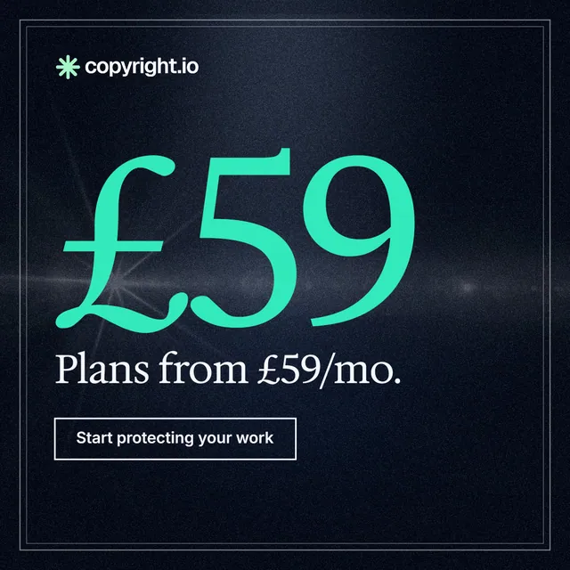 Instagram post for copyright.io: "See the plan before payment." Dark deco style, stat layout, dark palette in blue, black, teal.