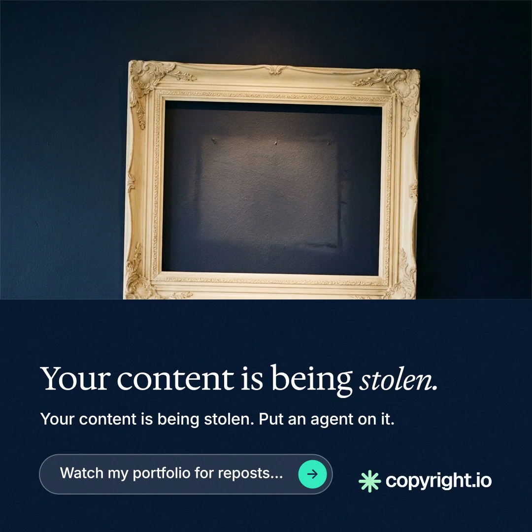 Instagram post for copyright.io: "Your content is being stolen." Agentic glass style, bottom layout, dark palette in black, blue, grey.