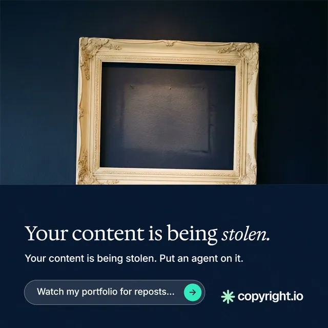 Instagram post for copyright.io: "Your content is being stolen." Agentic glass style, bottom layout, dark palette in black, blue, grey.