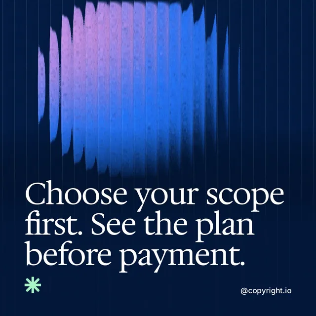 Video for copyright.io: "Choose your scope first. See the plan before payment.". Shader loop, 6.0 s, dark palette.