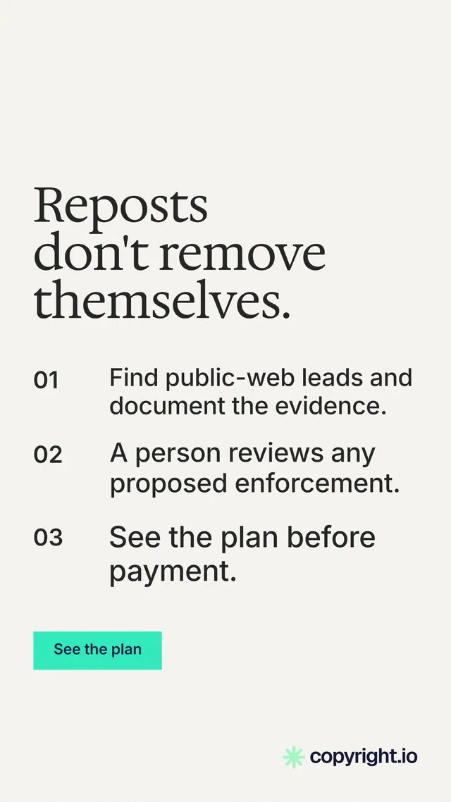 Instagram story for copyright.io: "Reposts don't remove themselves." Swiss style, numbered layout, light palette in white, grey.