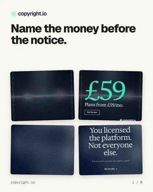 Carousel for copyright.io: "Name the money before the notice.". Collection carousel, 8 slides, light palette.