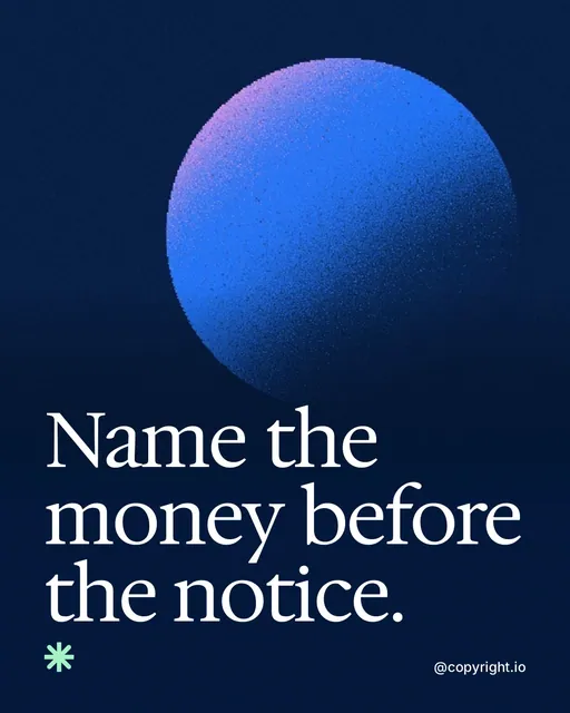 Video for copyright.io: "Name the money before the notice.". Shader loop, 6.0 s, dark palette.