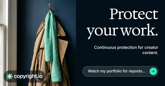 Social ad for copyright.io: "Protect your work." Agentic glass style, right layout, dark palette in black, grey.