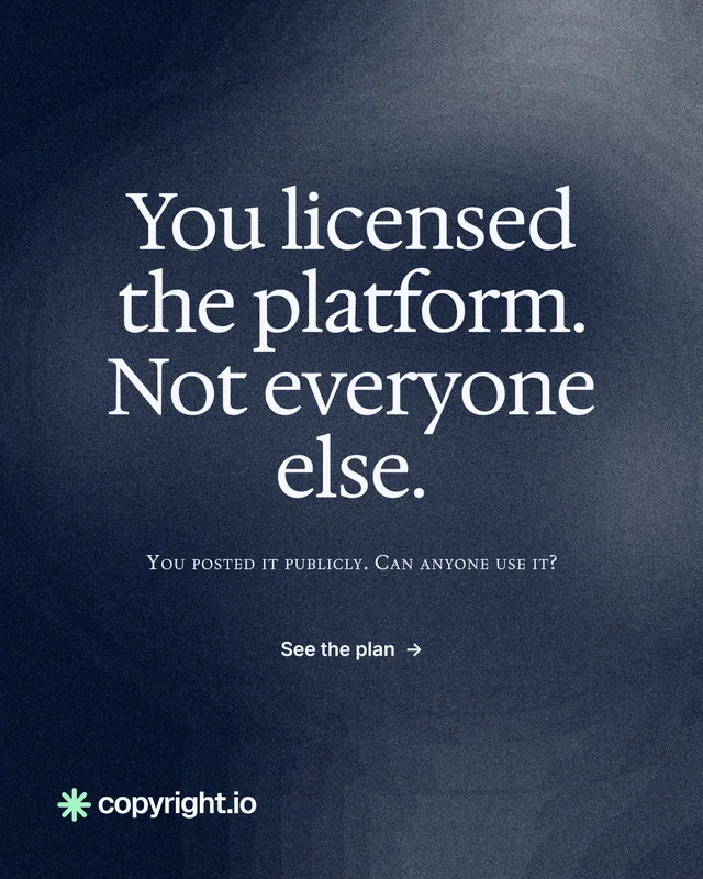 Instagram portrait post for copyright.io: "You licensed the platform. Not everyone else." Cyanotype style, smallcaps layout, dark palette in blue, grey.