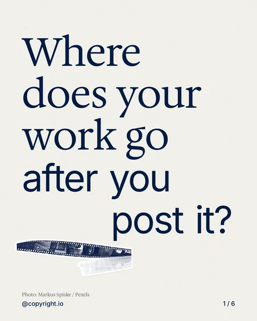 Carousel for copyright.io: "Where does your work go after you post it?". Cutout essay, 6 slides, light palette.