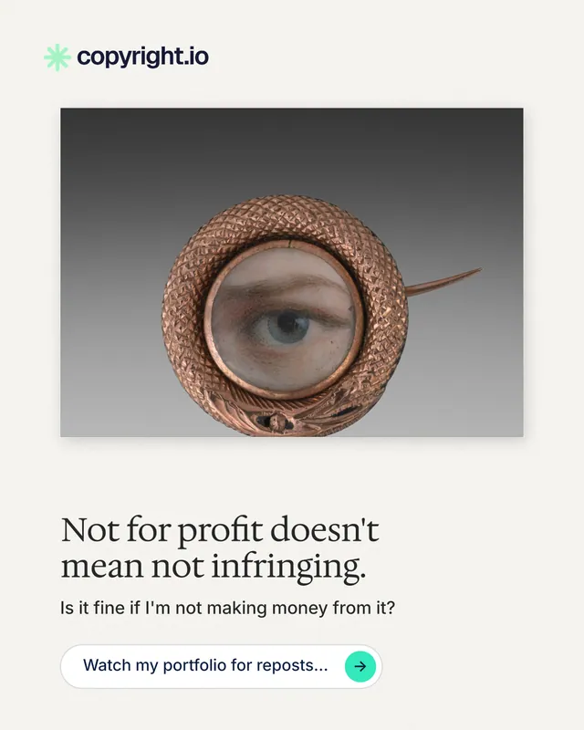 Instagram portrait post for copyright.io: "Not for profit doesn't mean not infringing." Agentic glass style, bottom layout, light palette in white, grey.