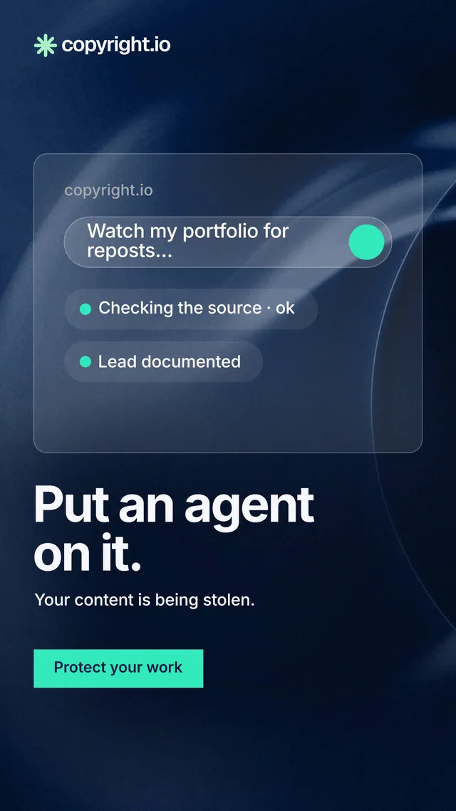 Instagram story for copyright.io: "Put an agent on it." Swiss style, bottom layout, dark palette in blue, black.